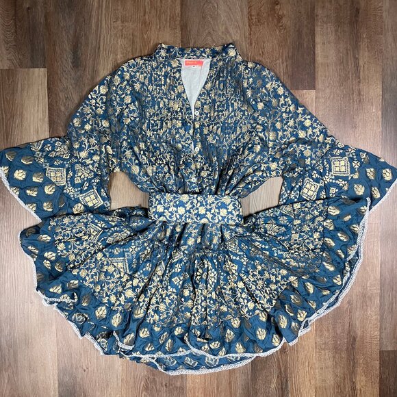 Pep's Cannes Versailles Mini Dress Jacquard Blue Teal Gold Belt Pleated Ruffled - Picture 14 of 16